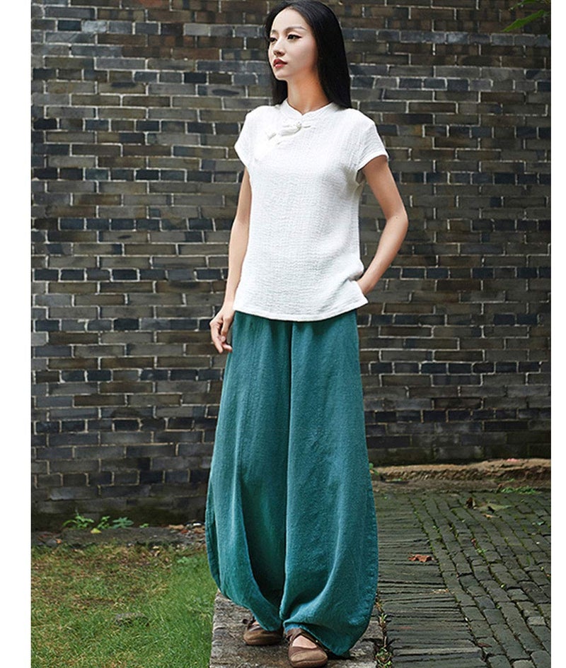 IXIMO Women's Casual Cotton Linen Baggy Pants with Elastic Waist Relax Fit Lantern Trousers (Blue, XX-Large) - Image 4